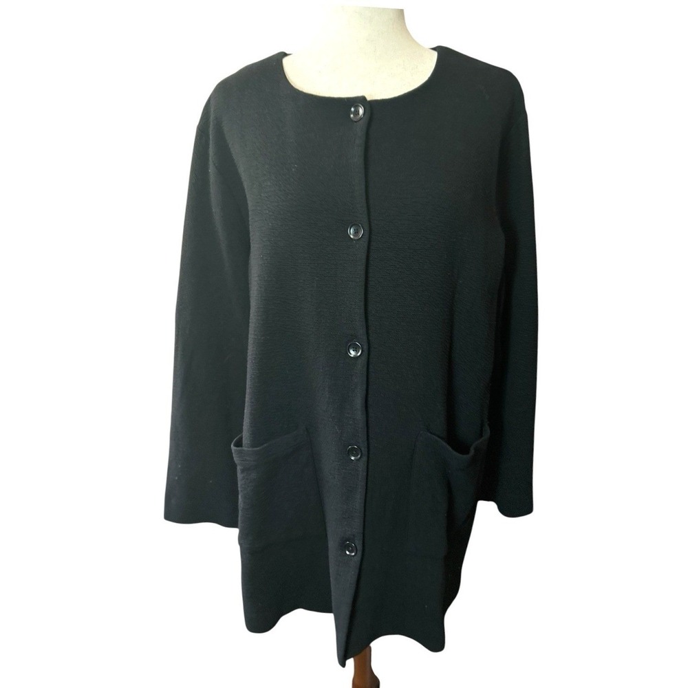 Eileen Fisher System Organic Cotton Black Long Jacket Collarless Pockets Large - Picture 3 of 8
